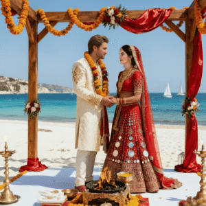 Hindu Pandit in Crete 1 Couple celebrating traditional beach wedding.