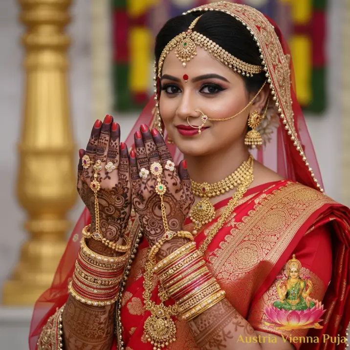 North Indian Hindu wedding customs shown through complete bride appearance: intricate mehndi henna, red silk saari with Lakshmi motif, extensive gold jewelry, traditional head chain, veil, bindi, and decorative bangles representing sacred bridal aesthetic