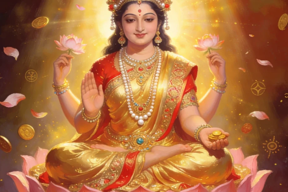 Laxmi Puja ritual image showing Goddess Lakshmi in traditional attire seated on pink lotus, surrounded by gold coins and flower petals with divine golden ligh