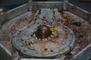 Shiva Puja ceremony showing sacred Shiva Lingam at altar center with colorful flower petal offerings, traditional stone altar, ritual cleansing channels, and devotional worship setup for Lord Shiva spiritual connection