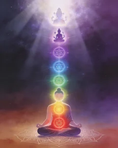 Chakra Puja | The Sacred Ritual of Energy Awakening & Consciousness Alignment 1 Chakra Puja meditation showing seven chakras energy centers with Star of David geometric symbols, meditating figure in yoga pose, kundalini energy flow, and cosmic spiritual awakening