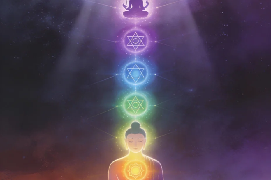 Chakra Puja meditation showing seven chakras energy centers with Star of David geometric symbols, meditating figure in yoga pose, kundalini energy flow, and cosmic spiritual awakening