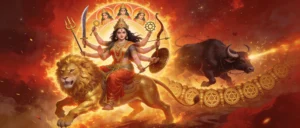 Durga Puja - Goddess Durga in Warrior Form Riding Golden Lion with Ten Arms, Sacred Weapons, Divine Light, Chakra Activation, Mahishasura Demon Defeat, and Navadurga Forms