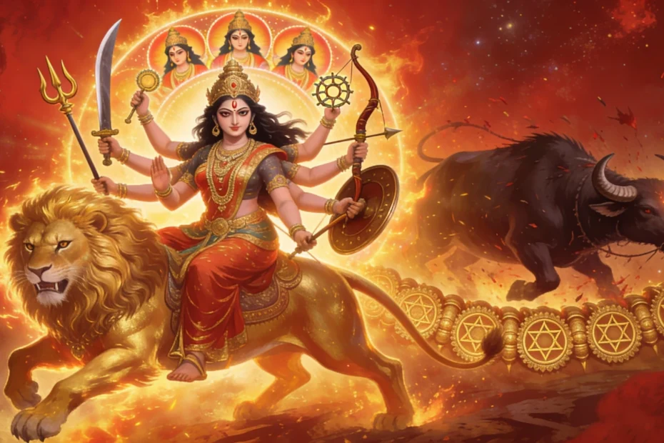 Durga Puja - Goddess Durga in Warrior Form Riding Golden Lion with Ten Arms, Sacred Weapons, Divine Light, Chakra Activation, Mahishasura Demon Defeat, and Navadurga Forms