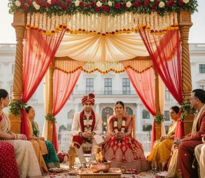 Hindu wedding rituals ceremony showing bride and groom in traditional attire at ornate mandap altar with sacred fire, family members witnessing, floral decorations, draped fabrics, and ceremonial setup for Vedic marriage celebration