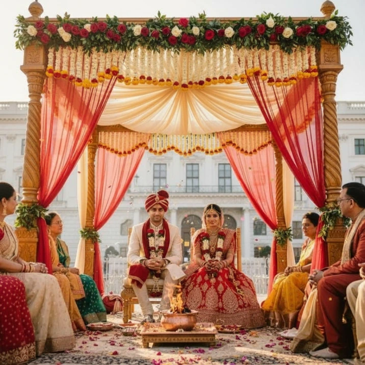 Hindu wedding rituals ceremony showing bride and groom in traditional attire at ornate mandap altar with sacred fire, family members witnessing, floral decorations, draped fabrics, and ceremonial setup for Vedic marriage celebration