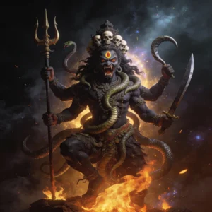 Kala Bhairava Puja fierce manifestation of Lord Shiva with dark sacred figure, powerful ceremonial altar, traditional worship setup, protection ritual symbols, and spiritual power invocation.