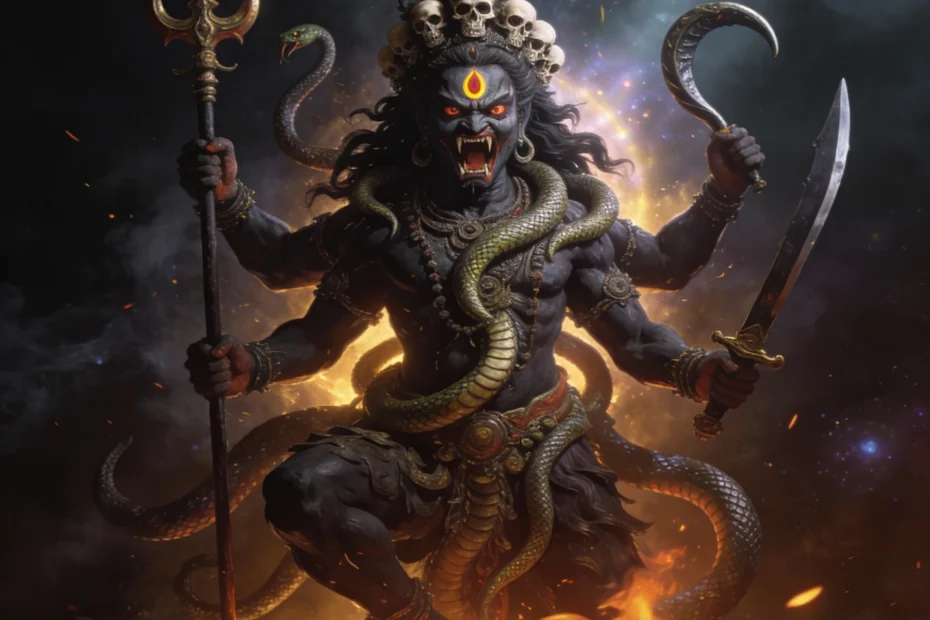 Kala Bhairava Puja fierce manifestation of Lord Shiva with dark sacred figure, powerful ceremonial altar, traditional worship setup, protection ritual symbols, and spiritual power invocation.