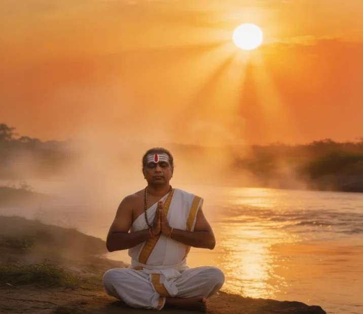 Alt Text: Vedic Brahmin priest performing Sandhya Vandanam ritual during sacred twilight hour by riverside, conducting ancient Sanskrit prayers and sun worship with spiritual devotion and traditional ceremonial precision