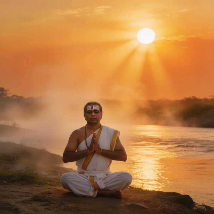 Alt Text: Vedic Brahmin priest performing Sandhya Vandanam ritual during sacred twilight hour by riverside, conducting ancient Sanskrit prayers and sun worship with spiritual devotion and traditional ceremonial precision