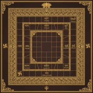 Vastu Purusha Mandala sacred geometric diagram showing cosmic grid with 45 divine deities, central Brahmasthan energy zone, directional zones representing fire water air earth space, and Vastu Purusha cosmic figure lying across mandala for architectural harmony and prosperity