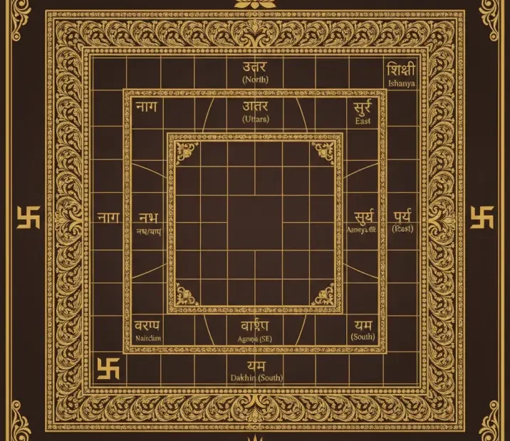 Vastu Purusha Mandala Puja sacred geometric diagram showing cosmic grid with 45 divine deities, central Brahmasthan energy zone, directional zones representing fire water air earth space, and Vastu Purusha cosmic figure lying across mandala for architectural harmony and prosperity