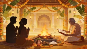 Vivaha Puja marriage ceremony showing sacred fire ritual with couple in prayer, Hindu priest performing Vedic wedding ceremony, temple altar with marigold decorations, and sacred fire as witness