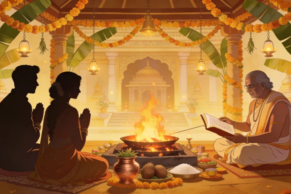 Vivaha Puja marriage ceremony showing sacred fire ritual with couple in prayer, Hindu priest performing Vedic wedding ceremony, temple altar with marigold decorations, and sacred fire as witness