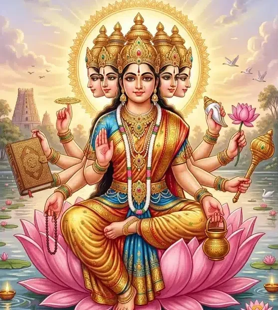 Gayatri Mantra Sandhyavandanam on this image Gayatri Devi is seated on a lotus with a radiant golden aura, representing the sacred presence invoked in Sandhyavandanam.
