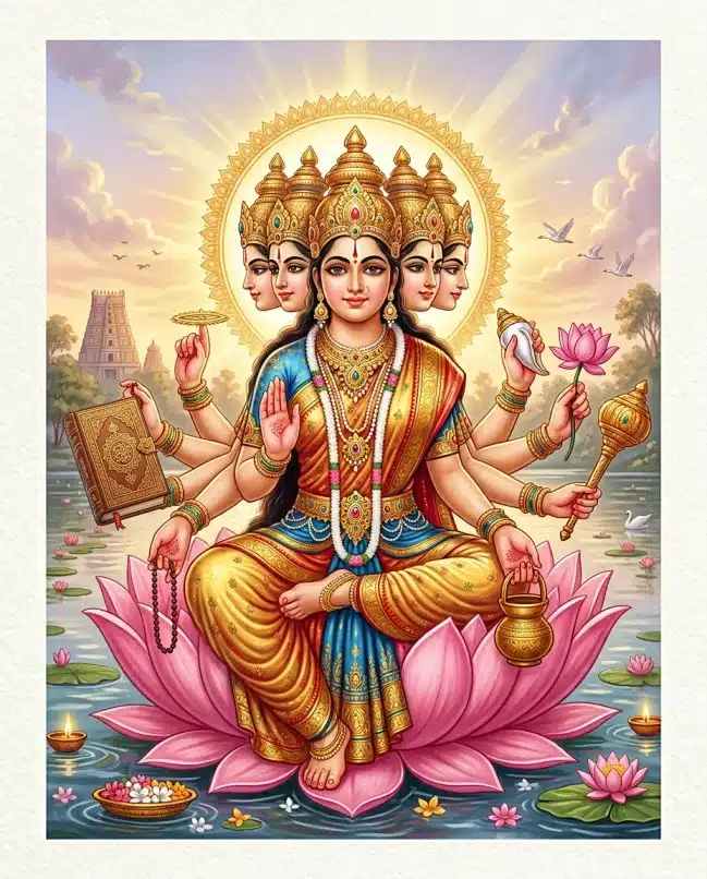 Gayatri Devi seated on a lotus with a radiant golden aura, representing the sacred presence invoked in Sandhyavandanam.